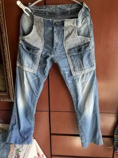 blue blue デニムパンツ ヒッコリー切替デザイン