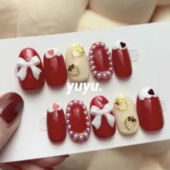 【現品】ネイルチップオーダー 冬ネイル クリスマスネイル 雪 赤 ハート リボン