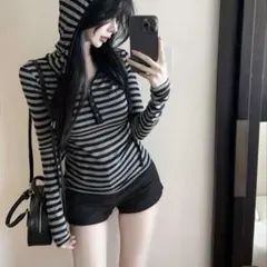 shein トップス ボーダー 長袖パーカー