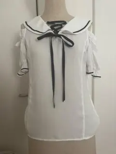 白セーラー襟　編み上げリボンブラウスシャツ