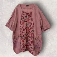 遊民 花柄植物刺繍入りチュニックワンピース ポケットあり くすみピンクのサムネイル