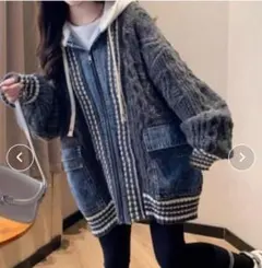 フード付デニムポケットxニットジップカーディガン/アウター 新品 オーバーサイズ