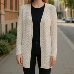美品 オゾック ロングカーディガン Mサイズ 白 レース編み 長袖 さわやかのサムネイル