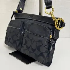 COACH コーチ ダブルポケット ワンショルダーバッグ シグネチャー ブラック 美品】COACH コーチ ショルダーバッグ シグネチャー ダブルポケット 黒