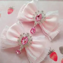 リボン ヘアクリップ 左右2個セット 量産型 地雷系 ピンク×白レース