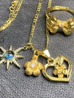 純金鍍金　24kgp ハート型 花モチーフ ネックレス　リング