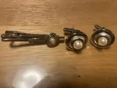 シルバー ネクタイピン パール付き カフスセット