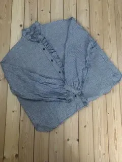 12closet 洗えるリネンフリルブラウス　ギンガムチェック