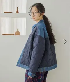 ニコアンド　ブルゾンネイビー キルティングデニムジャケット Ｌ防寒