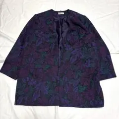 90s vintage 総柄 ノーカラージャケット パープル グリーン 羽織