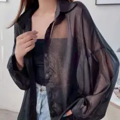 【SALE】シアーシャツ シースルー 韓国 羽織り 透け感 秋服 長袖 ブラック