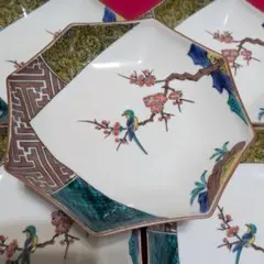 九谷焼　暁堂　古九谷　花鳥　6号皿揃　中皿　八角皿　５枚　19cm