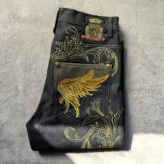GAMETIME 刺繍ジーンズ 総柄 W32 先染め ブラック バギー デニム