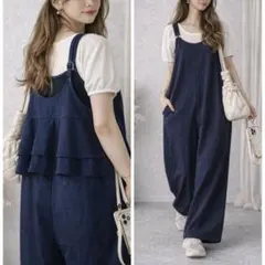 大人可愛い サロペット ネイビー ワイドパンツ ゆる 着痩せ 体型カバー　春夏秋