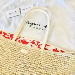 新品 アニエスベーボヤージュ かご トート バッグ ファスナー ボタニカル裏地赤