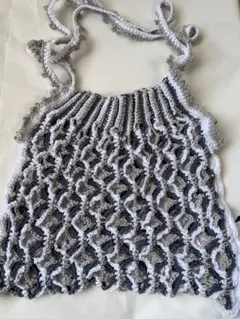 ハンドメイド　波状編みグレーとホワイト　ブルー バッグ