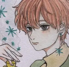 オリジナル手描きイラスト　アナログイラスト　創作　水彩画　豆色紙　男の子