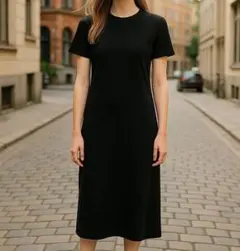 美品 ハーディエイミス ロングワンピース S相当 黒 半袖 カットソー シンプル