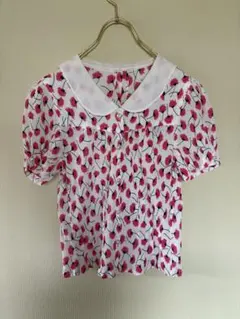 VINTAGE 花柄　プリーツ　シャツ　白襟　パールボタン　美品のサムネイル