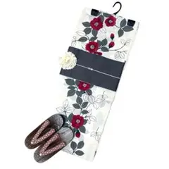 ベニ♪すずし 薄墨菊に縦縞と紅花☆大人浴衣 変り織り☆新品 浴衣 3点
