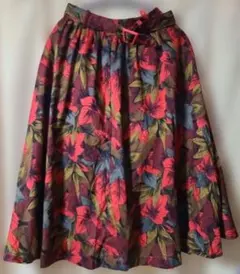 フレアスカート 昭和レトロ レディース 花柄 ベルト、裏地 付 綿 麻