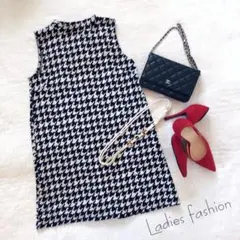 ワンウェイ　ワンピース　ハイネック　千鳥　ノースリーブ　Aライン　ゆるピタ　夏