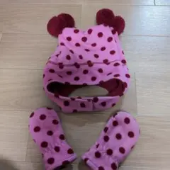 GAPピンクのドット柄ニット帽・ミトンセット