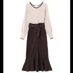 プロポーションボディドレッシング　バイカラーニットワンピース　ロング　ベージュ