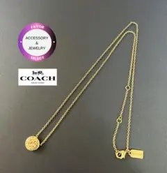 COACH ローズゴールド オープンサークルコイン型 ネックレス　ロゴ+ストーン