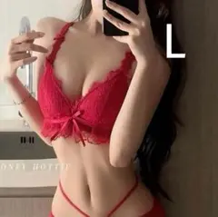 楽ブラ リボンレース下着2917 ワインレッドL ノンワイヤーブラショーツ
