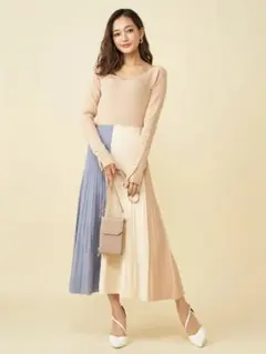 ロイヤルパーティー Vネック配色ニットフレアワンピース 長袖 ミモレ丈 ベージュ