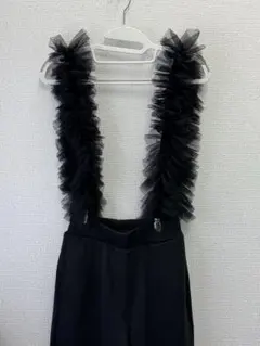 OS.LABANG オ・ラバン フリルサスペンダー付き裏起毛パンツ ブラック