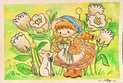 花に囲まれた女の子と猫のガーリーミニ原画♡ポストカードサイズ・癒しインテリア