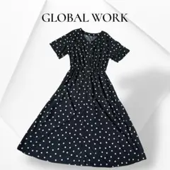 グローバルワーク サラサラリラックスVワンピ ドット柄 半袖 モノトーン M