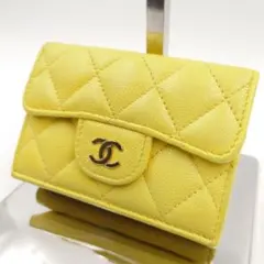 CHANEL シャネル マトラッセ キャビアスキン 三つ折り財布 イエロー