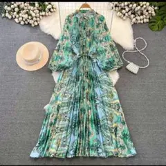 大きいサイズ　花柄ロングワンピース 長袖 ベルト付き　花柄