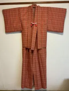 シルクウール　オレンジチェック柄アンサンブル着物(中古品)