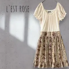 【L'EST ROSE】切り替えワンピース 半袖 花柄 フレア タック ぽわん袖