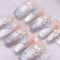 159 ネイルチップSサイズ 韓国 キラキラ ビジュー ハート マグネット　青