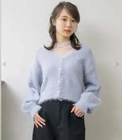 ems excite シャギーショートニットカーデ ブルー