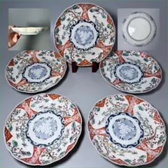 古伊万里　赤絵三方松竹梅文様七寸皿　五枚　桐花文　21cm　古民家カフェ　料理屋