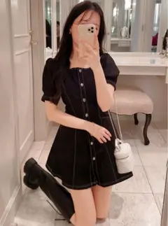 GRL スクエアネック配色ステッチフレアミニワンピース S