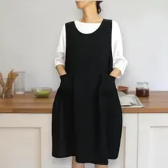 北欧風エプロン ロング丈 撥水 ブラック カフェ風 シンプル ユニセックスのサムネイル