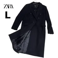 【美品】ZARA ダブルブレスト ウールコート マキシ丈 マンテコ生地 黒 L