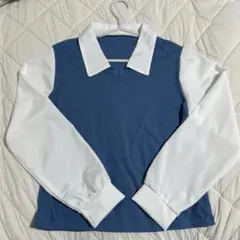 韓国トップス 青色 Vネック 秋服 春服 長袖 ロング丈