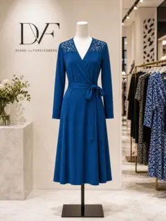 【美品】DVF STUDIO ウール ラップワンピース レース切替 ブルー Sのサムネイル