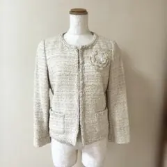 自由区　ツイードジャケット　アイボリー　38サイズ　コサージュ付