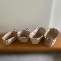 アンティーク　籐製 楕円形　バスケット　持ち手付きカゴ　4個　レトロ