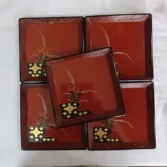 【美品】大内塗　山口　岡田忠亮作　本漆塗　金箔　秋草模様　会席膳　四方膳　5客 人形から器まで、光沢が美しい山口県の伝統工芸品「大内塗