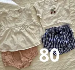 〔プティマイン〕ロンパース　フリル付きトップスとショートパンツセット 80